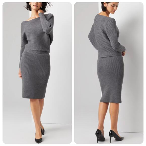 White House Black Market Dresses & Skirts - WHBM Off the Shoulder Ribbed Gray Sweater Midi‎ Dress Women's Size XL NEW
